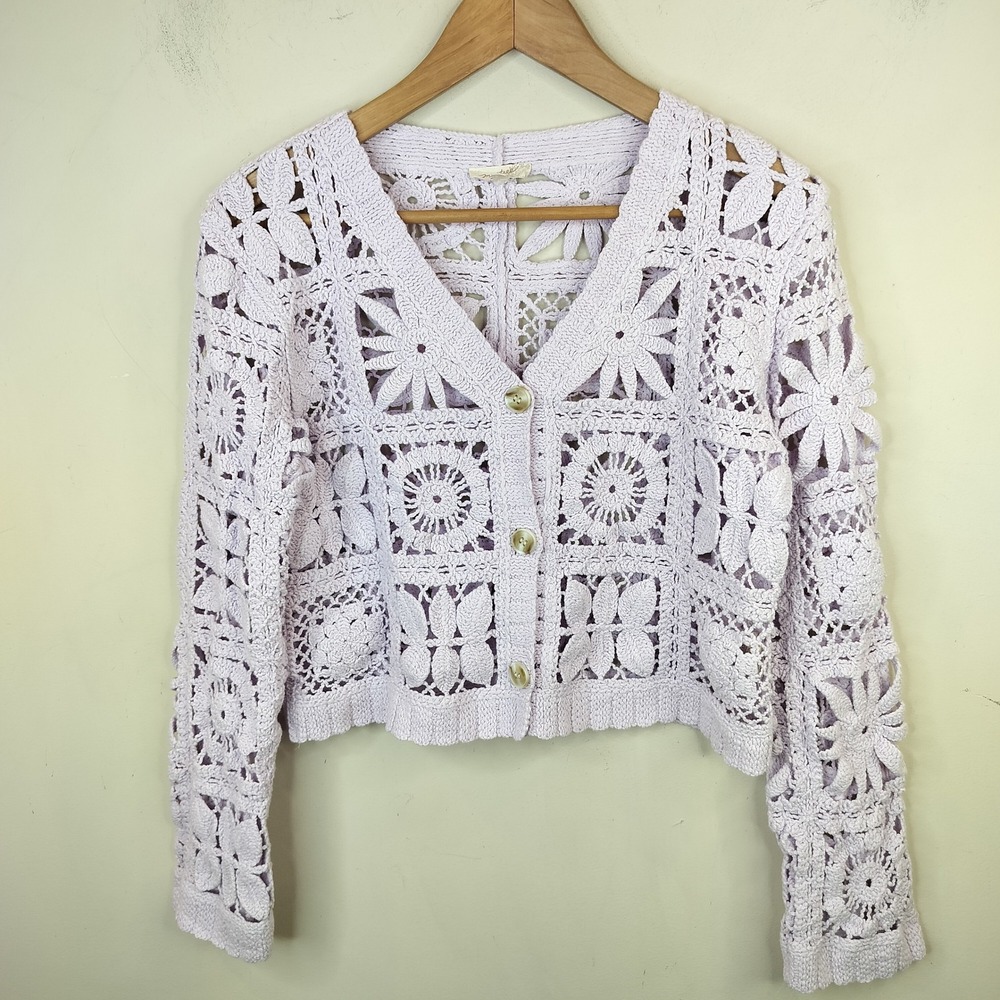 Mystree Crochet Cardigan Sweater Small Floral Cotton Lavender Purple